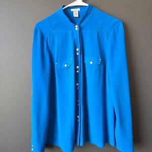 Cache Electric Blue Roll Tab Button Down Blouse Mandarin Collar‎ Sheer Large